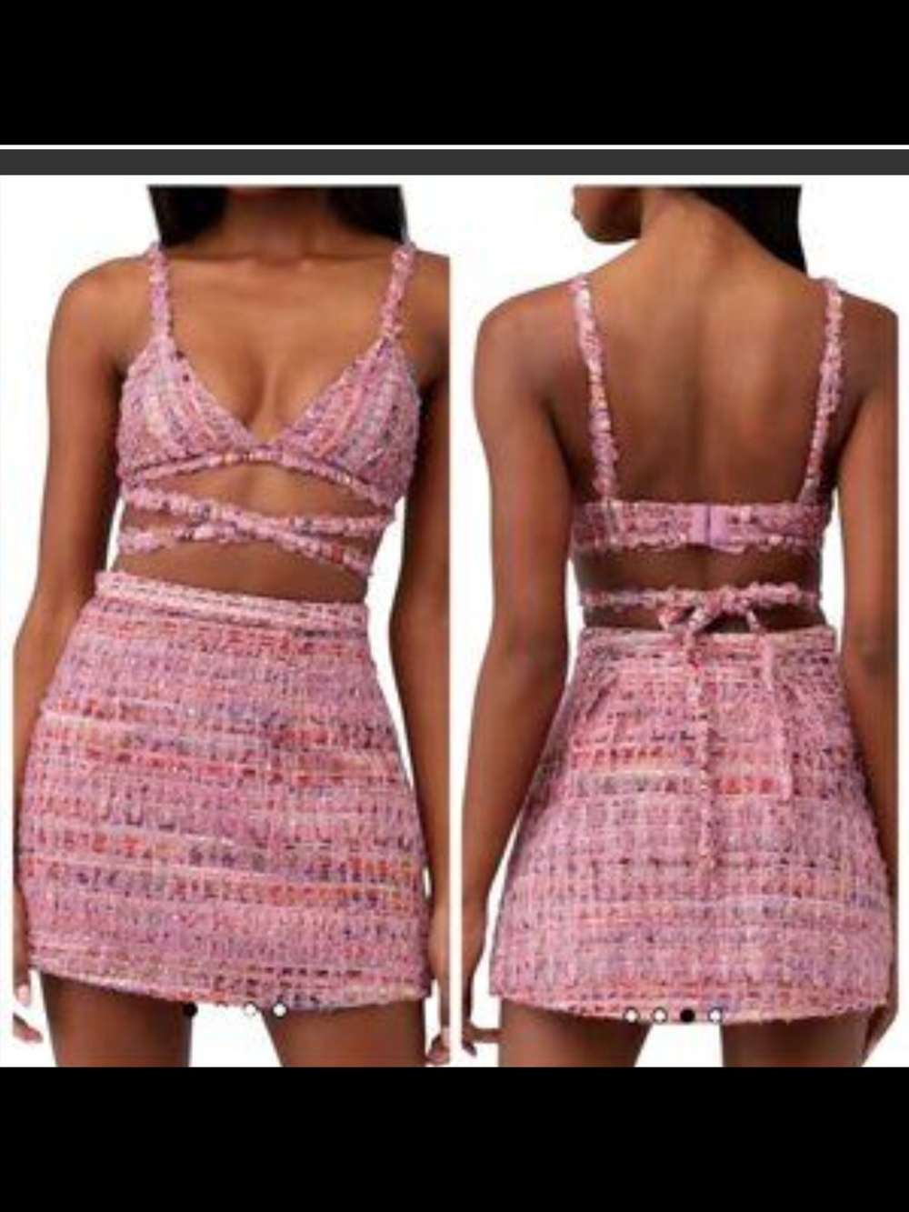 For Love & Lemons Pink Tweed Wrap Crop Top and Mini Skirt Set